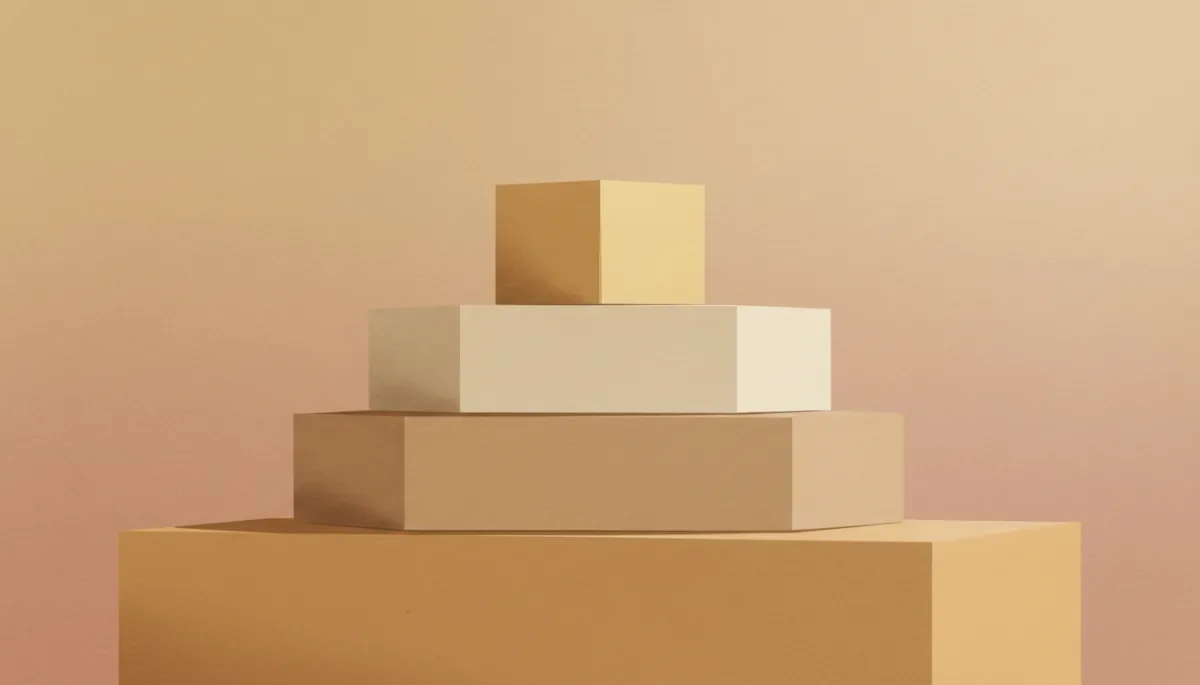abstract artistic warm neutral illustration of layered blocks labeled labor, materials, overhead, profit stacking neatly to form a stable structure against a soft textured background