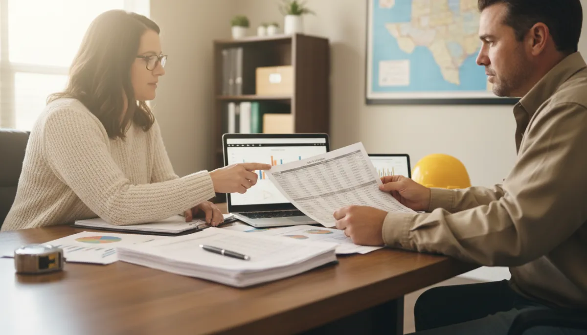 Contractor and bookkeeper reviewing job costing and cash flow reports