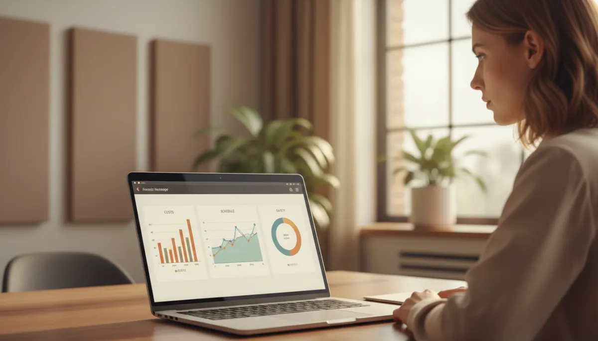 Project manager reviewing dashboards for costs and schedules