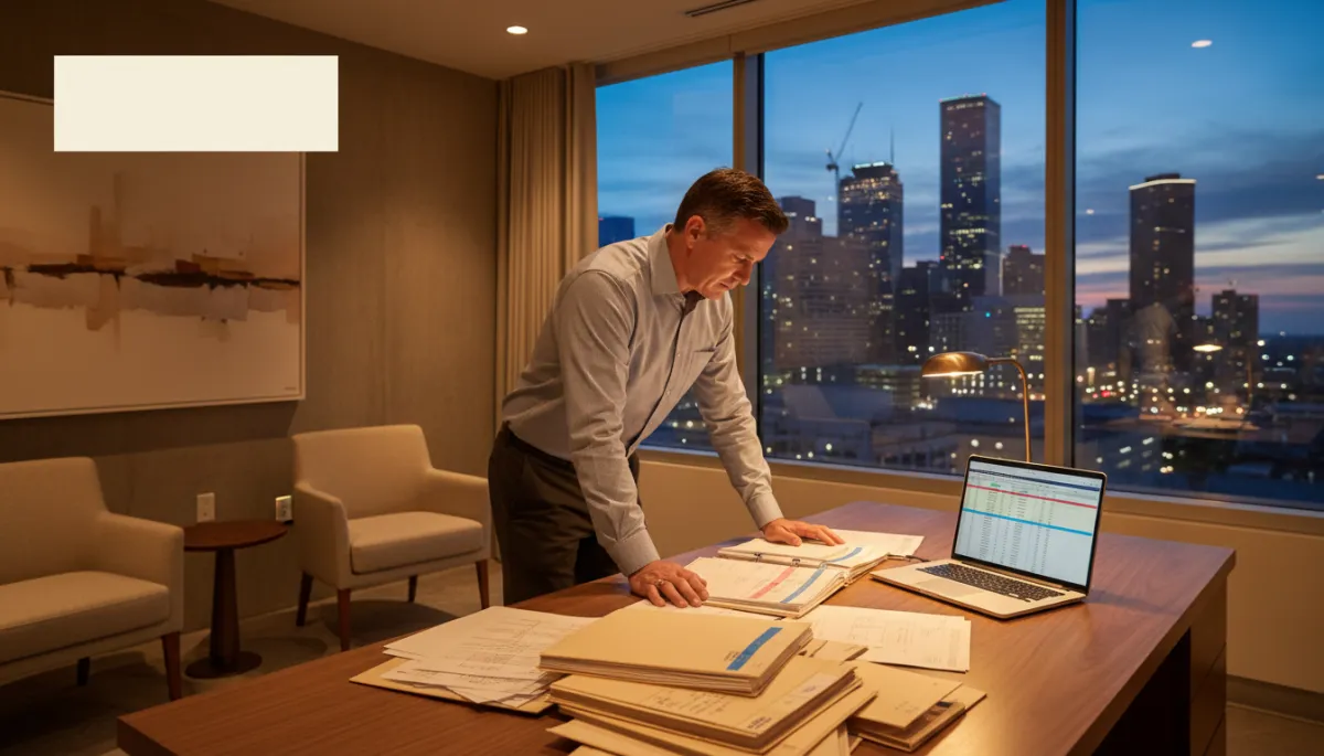 photorealistic scene of a Houston construction business owner in a warm neutral-toned office at dusk, looking over printed job folders and a laptop with spreadsheets, faint view of Houston skyline through the window, overlay text space in upper left