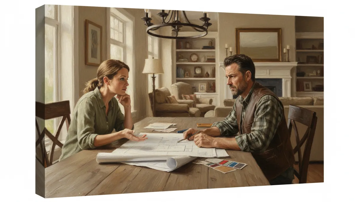 Canvas oil painting of contractor negotiating pricing with a homeowner at a table