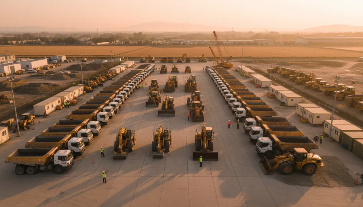Organized construction yard with trucks and equipment ready