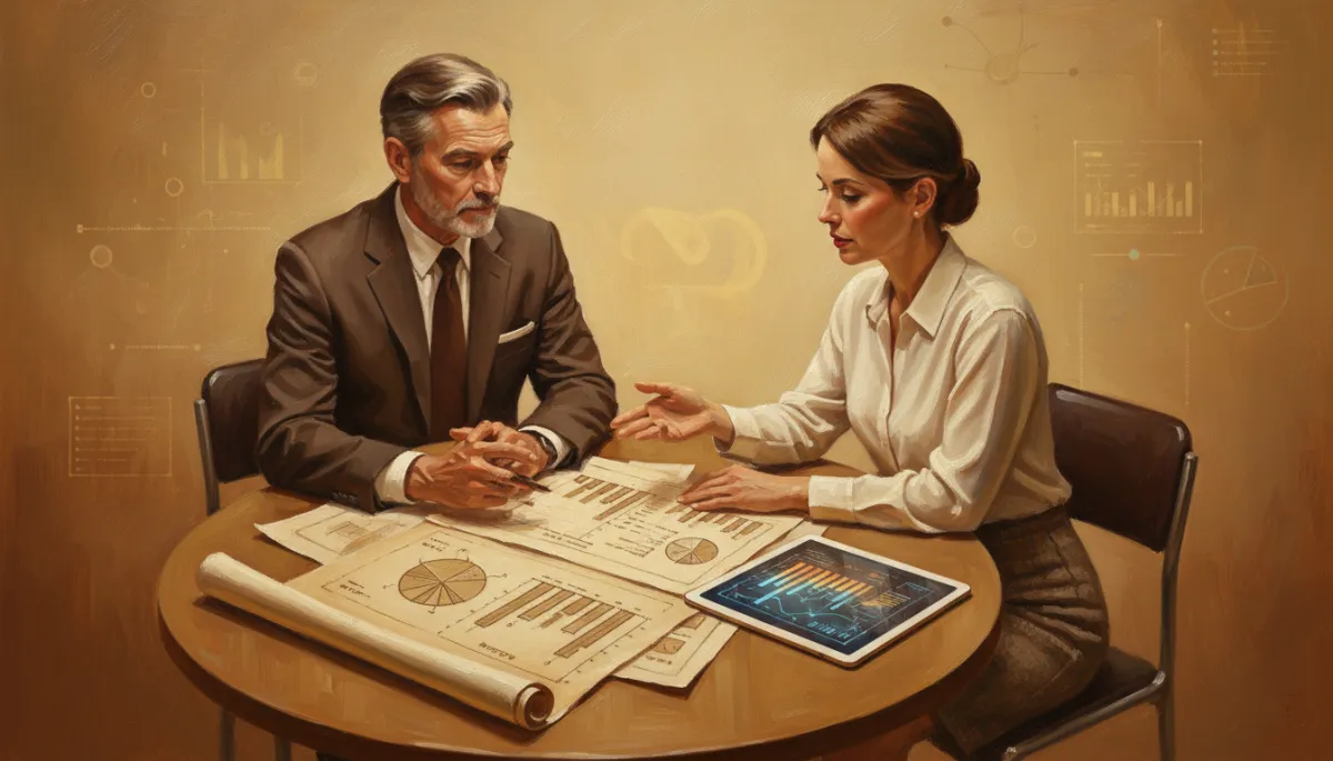 Canvas oil painting of a bookkeeper advising a business owner with AI charts nearby