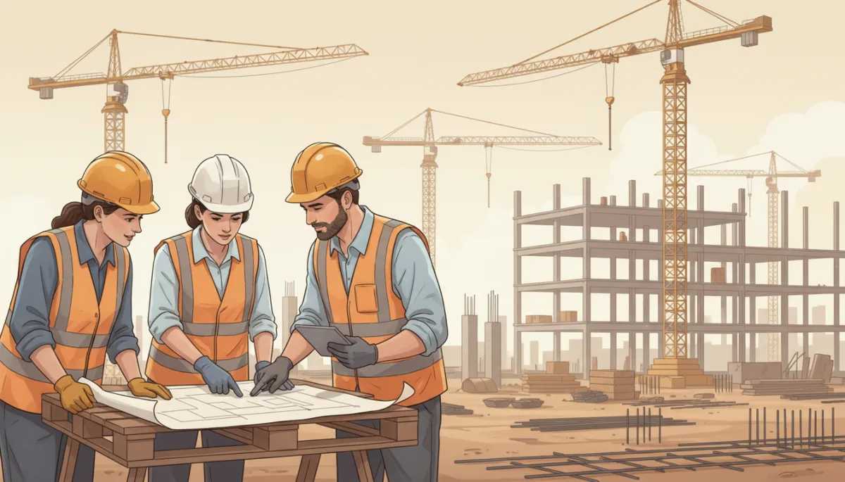 Illustrated Houston construction crew reviewing blueprints on an active jobsite in warm neutral tones