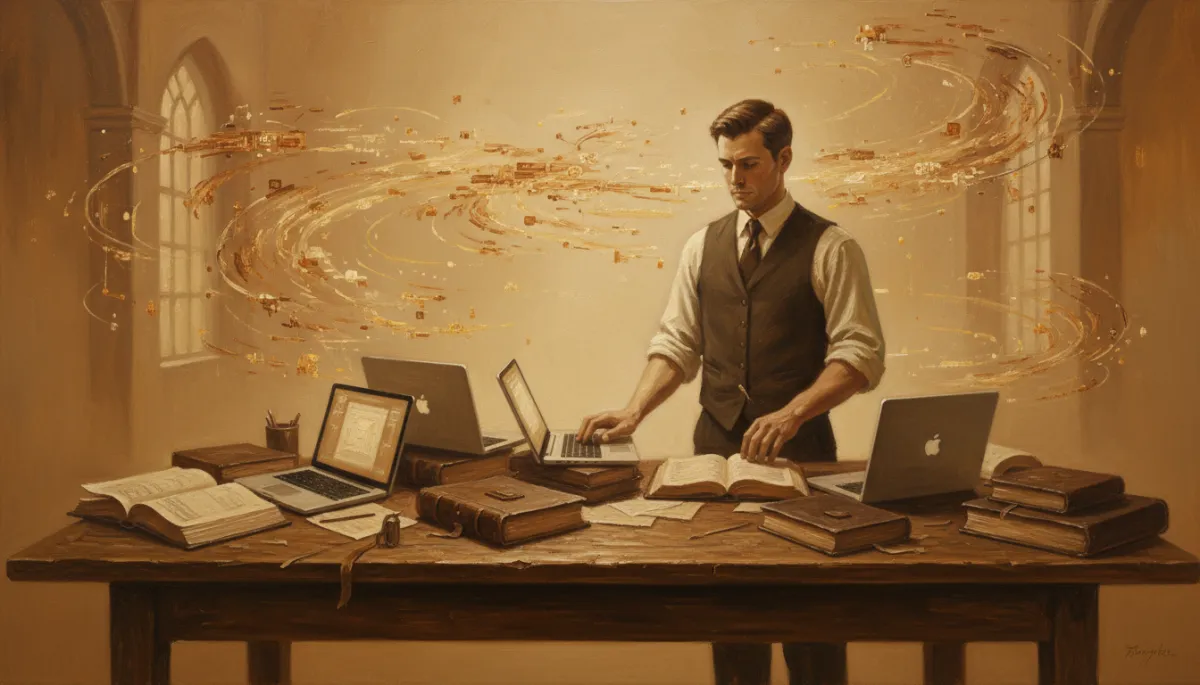 Canvas oil painting of a bookkeeper surrounded by both ledgers and glowing AI data