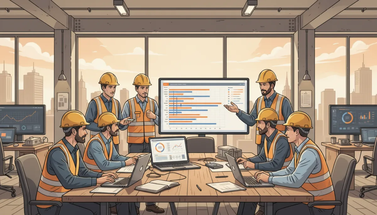Illustrated construction office with digital tools and AI dashboards in warm neutral tones