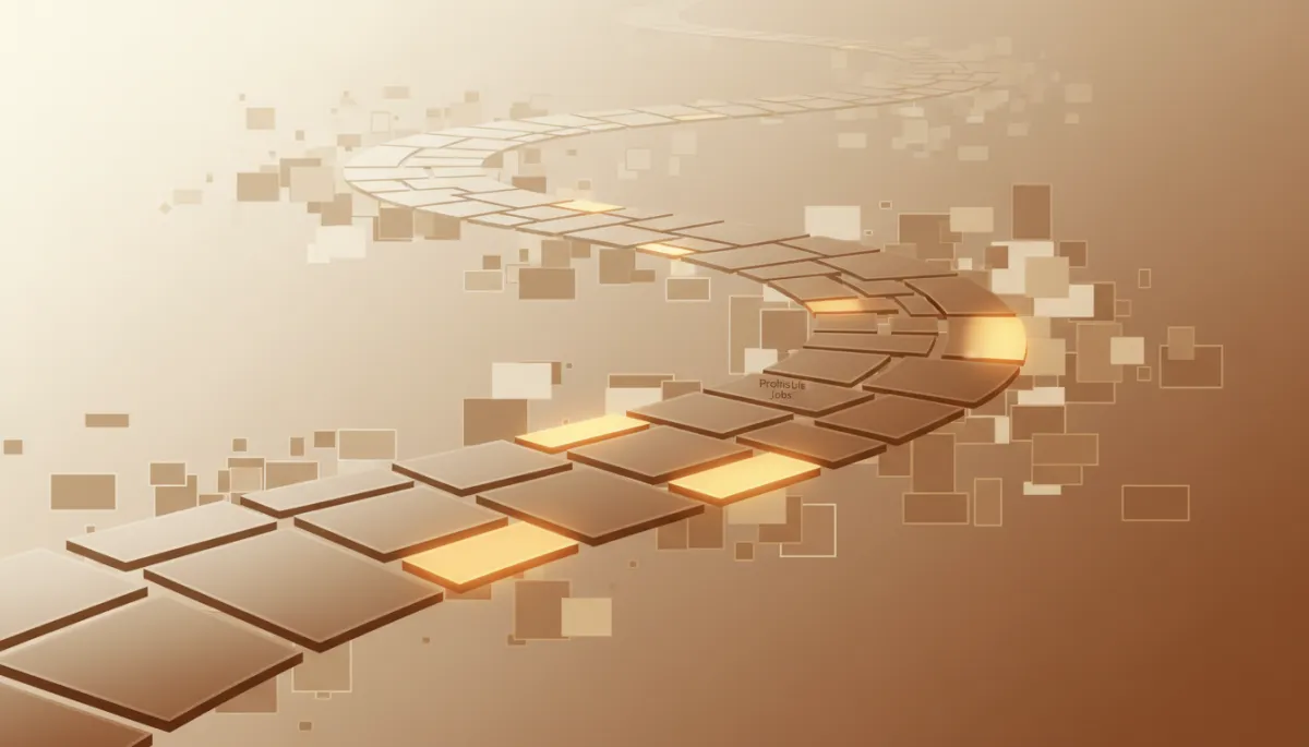 abstract artistic warm neutral visualization of a winding path of rectangles representing projects, some glowing brighter to indicate profitable jobs, fading shapes in the background suggesting unprofitable work
