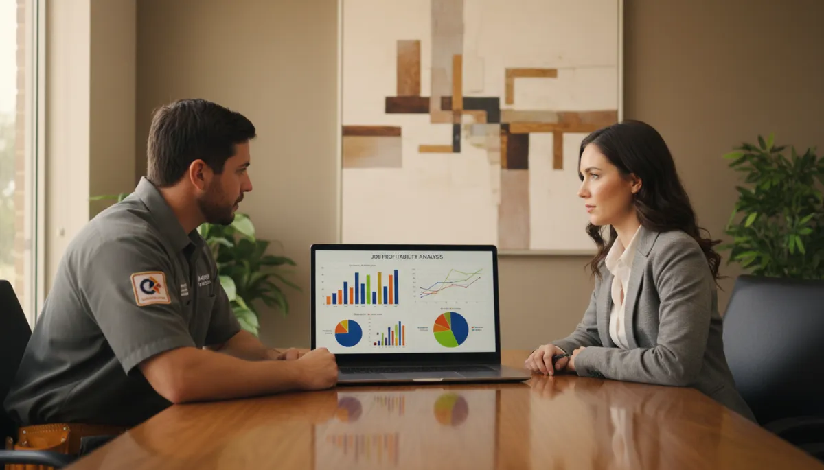 HVAC and roofing contractor reviewing job profitability charts with a consultant