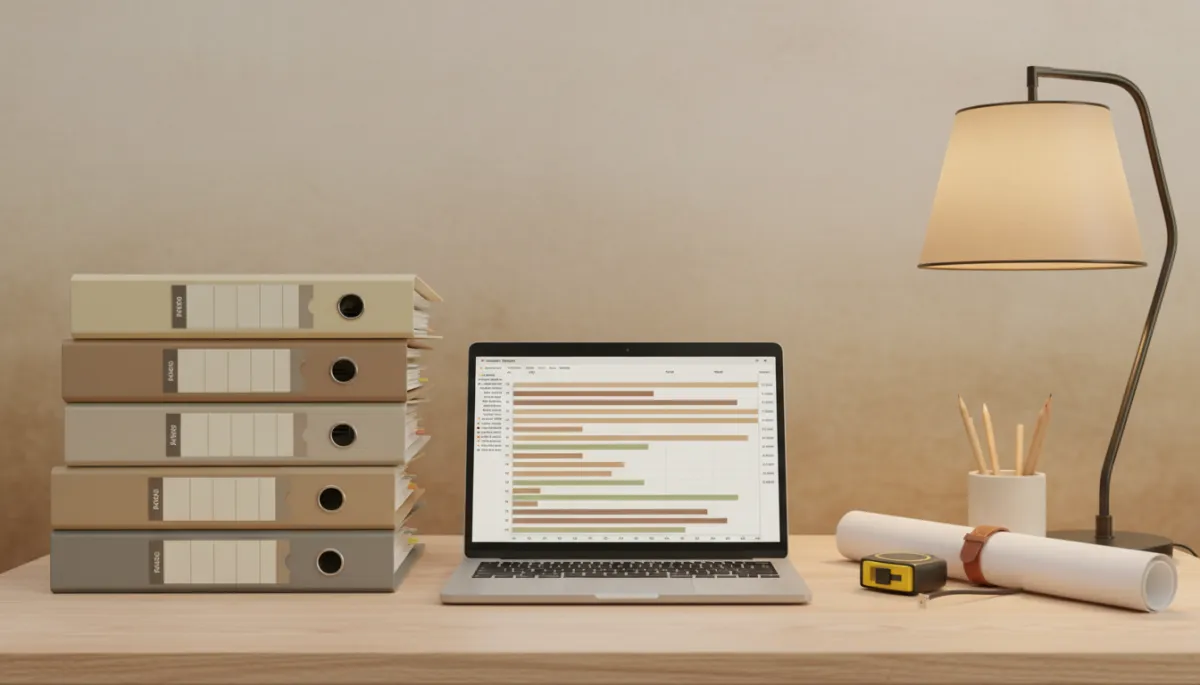 Organized contractor desk with project schedules and documentation