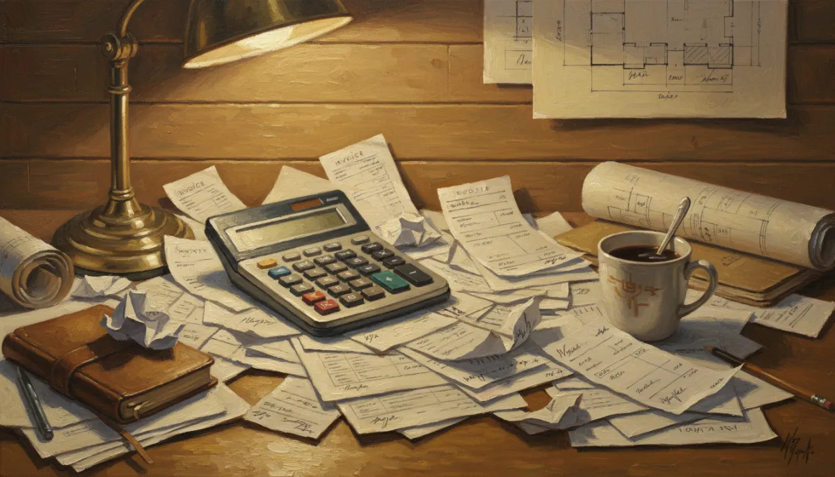 Canvas oil painting of a contractor’s cluttered desk with receipts and calculator