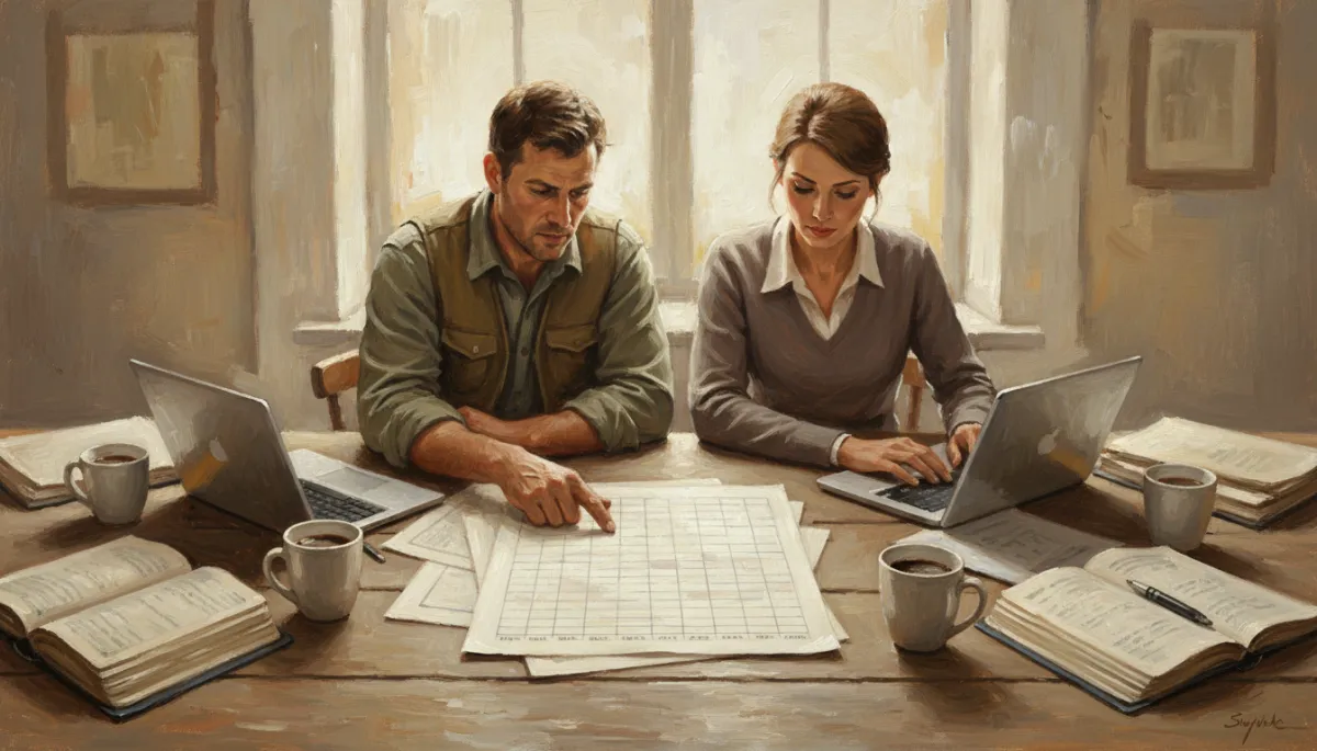 Canvas oil painting of a contractor and bookkeeper mapping out a weekly cash forecast