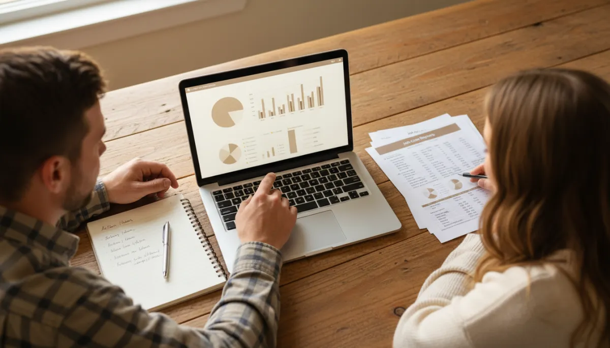 Contractor and bookkeeper reviewing financial dashboards and job cost reports