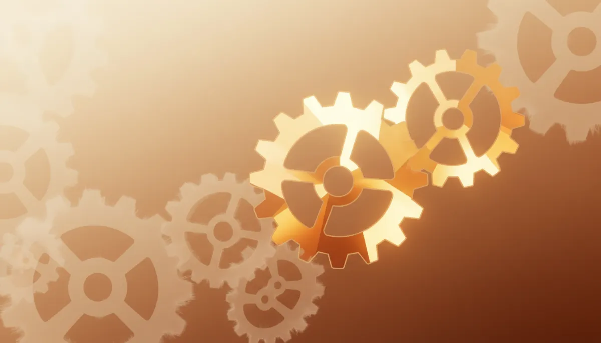 abstract artistic warm neutral depiction of interlocking gears made of soft geometric shapes, some sharper and brighter to represent optimized processes, others hazy to suggest inefficiency
