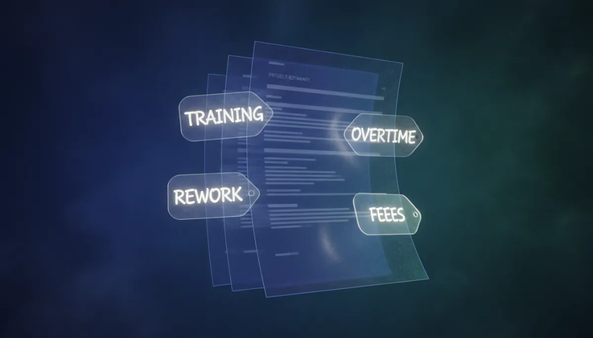 3D render digital art of hidden cost tags emerging from a project estimate document in cool shadow colors