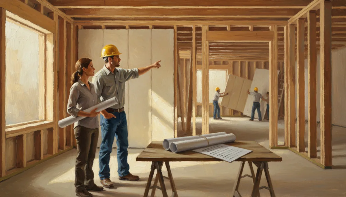 canvas oil painting of a contractor and homeowner standing in a partially framed room bathed in warm neutral light, pointing at a wall that is being moved, rolled drawings and a blank change order form resting on a sawhorse table, expressive brushstrokes
