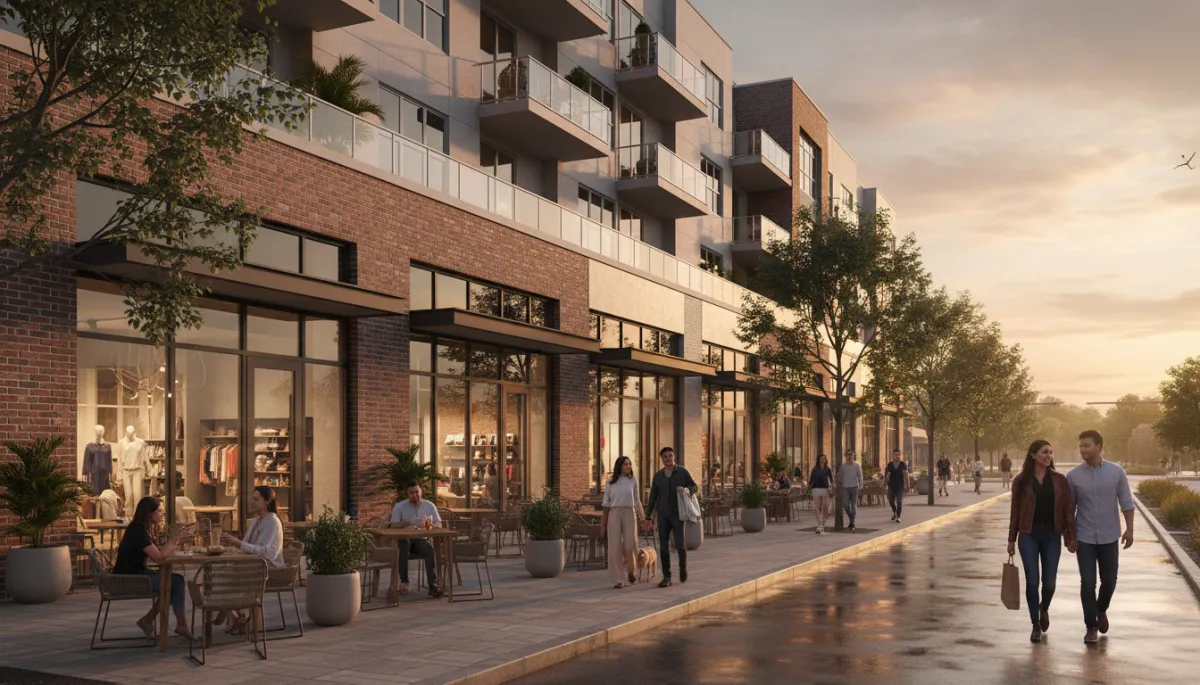 Mixed-use development with shops and apartments in a Houston district