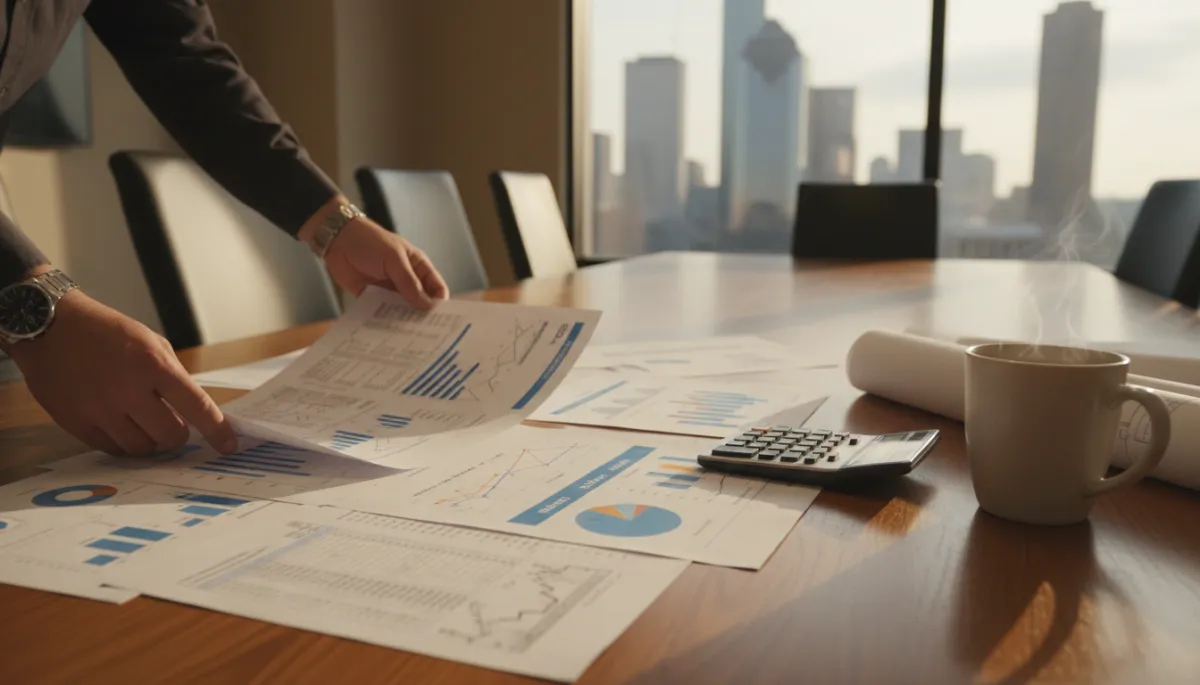 Contractor reviewing detailed job cost reports and time sheets