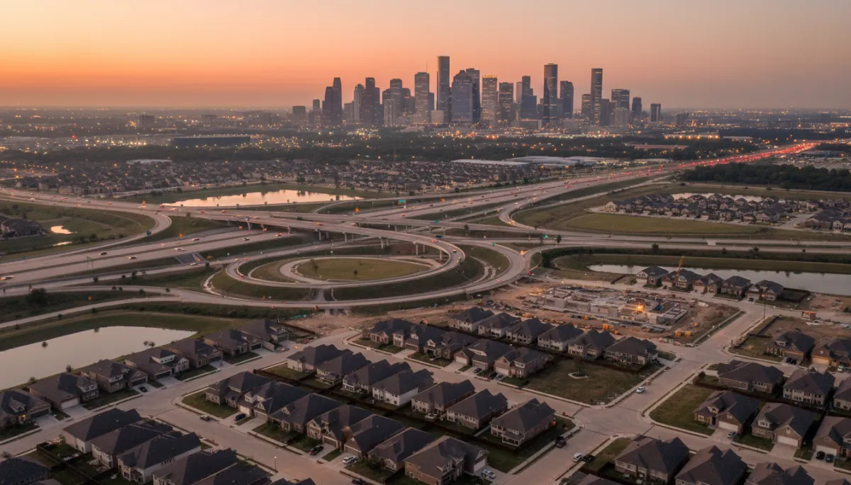 Panoramic view of Houston skyline and expanding suburban development