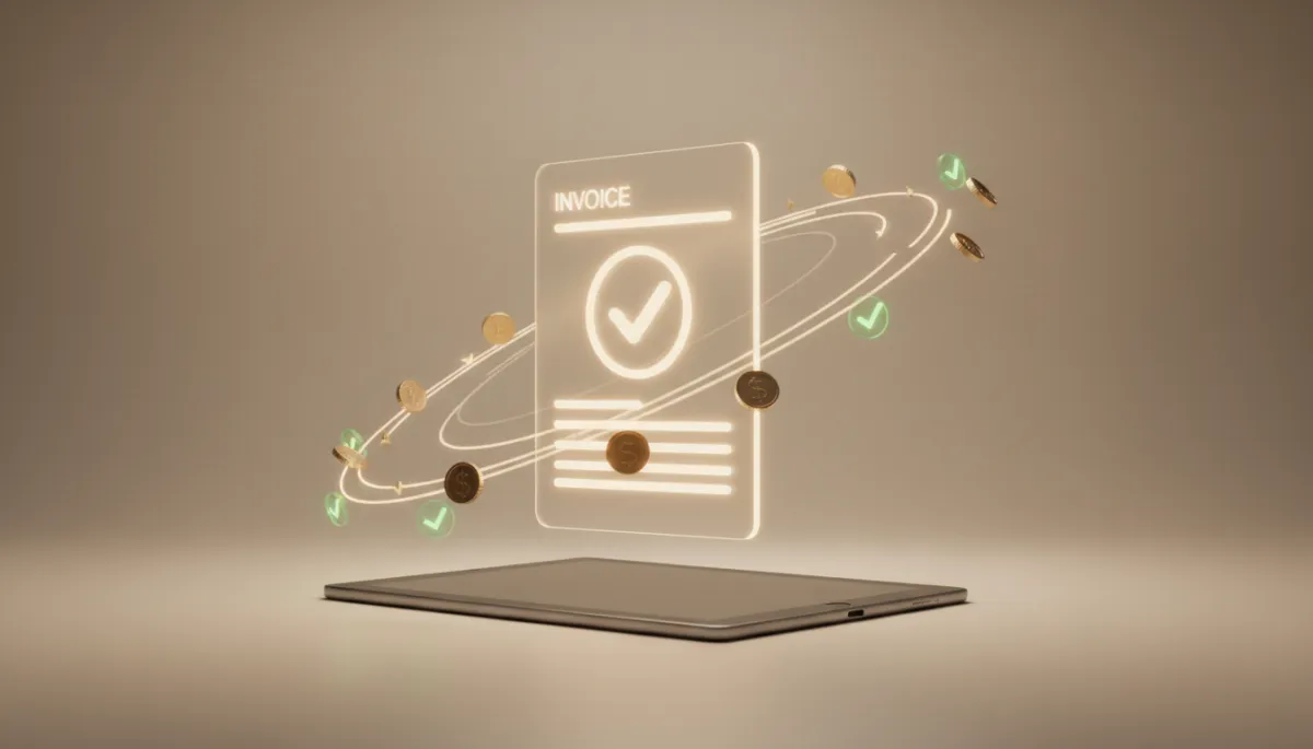 3D render digital art of a glowing digital invoice with coins and checkmarks