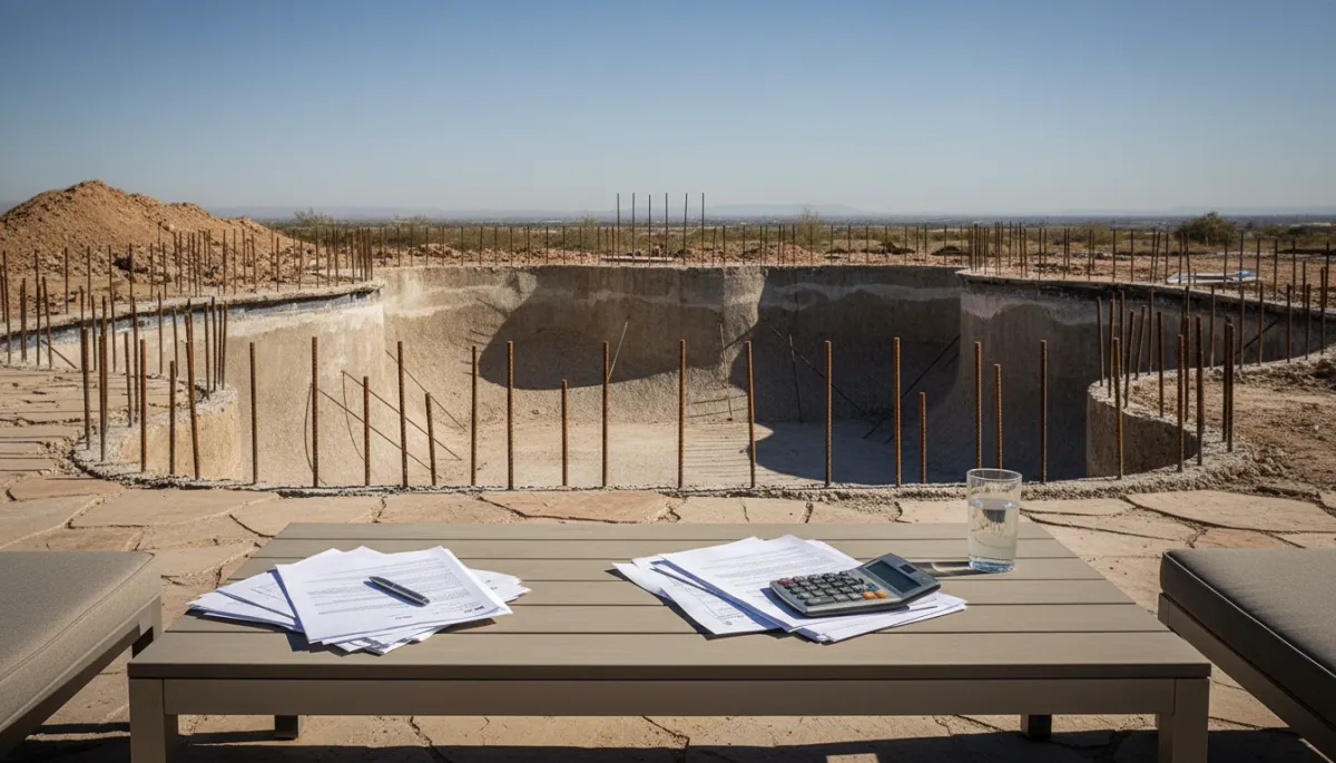 Unfinished pool construction with legal paperwork and calculator on a nearby table