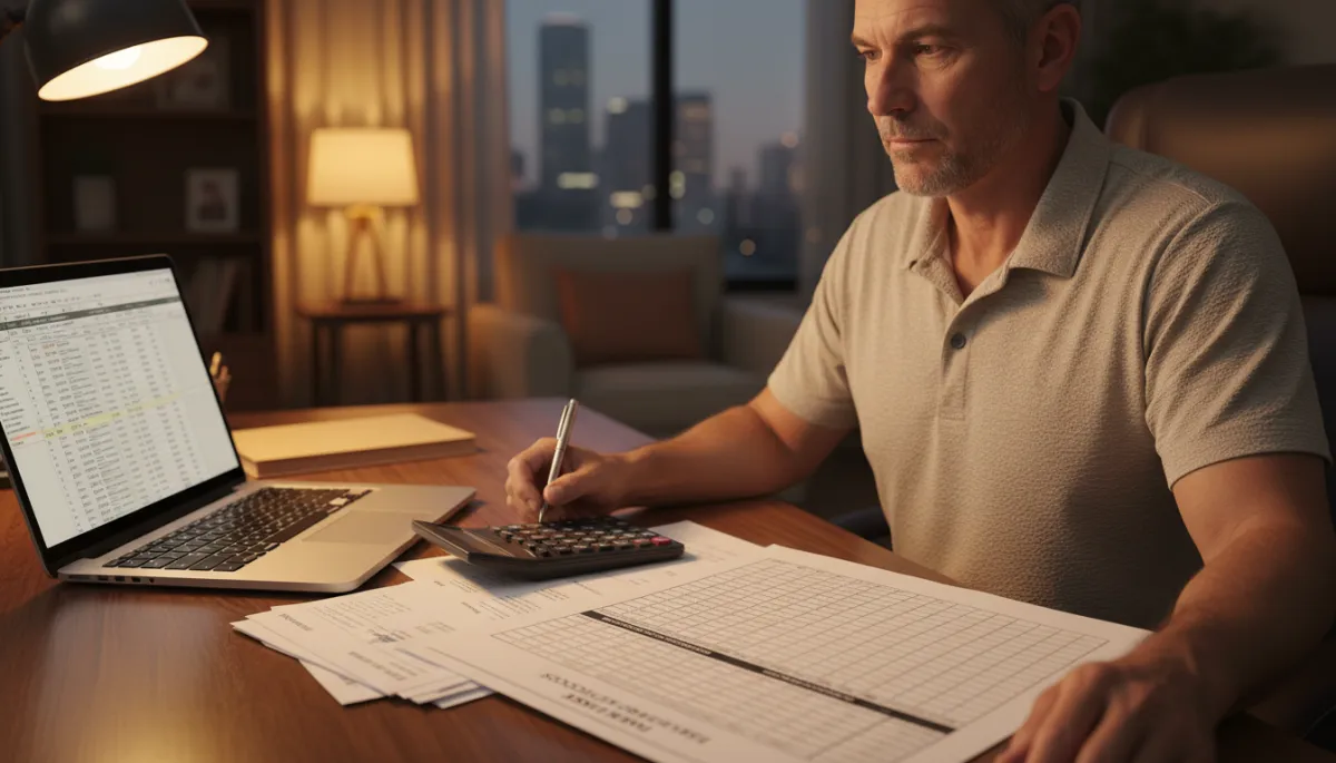 Houston roofing contractor reviewing a 13-week cash flow forecast and invoices in a warm-toned office
