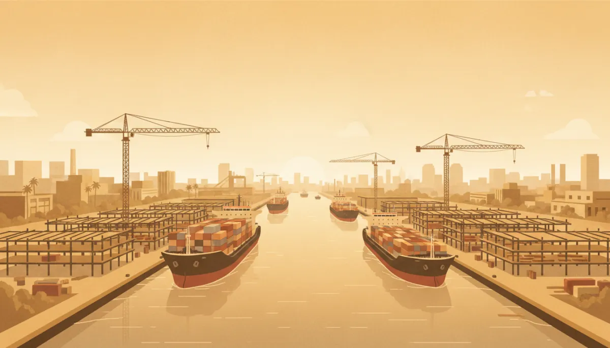 Illustrated view of Houston Ship Channel expansion with nearby logistics construction in warm neutral tones