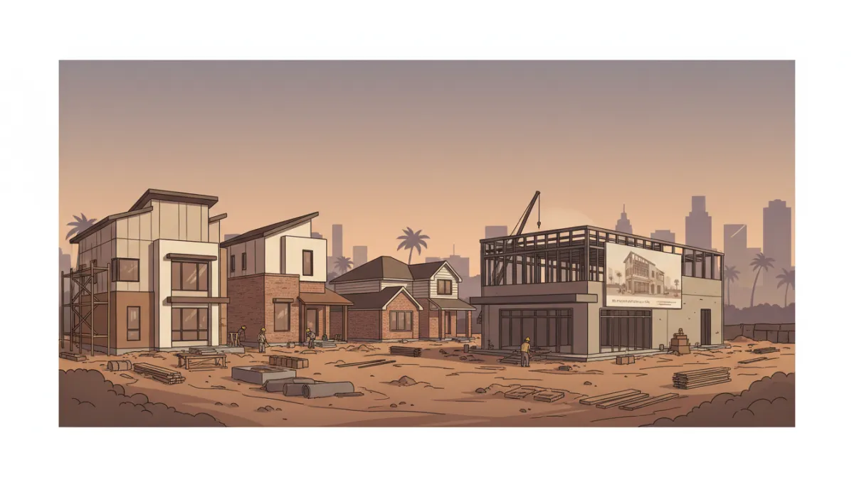 Illustrated Houston neighborhood with mixed residential and commercial construction in warm neutral tones