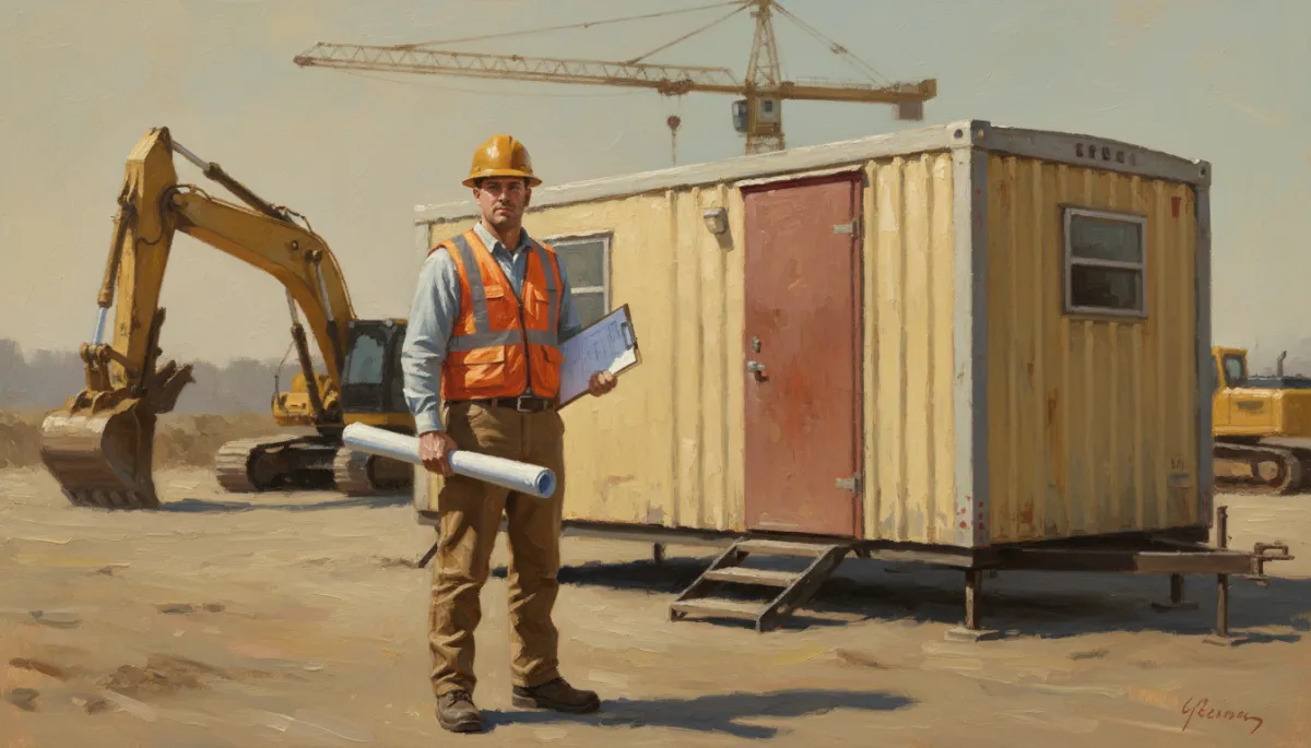 Canvas oil painting of a contractor balancing project plans with a cash forecast