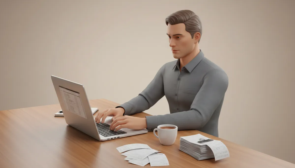 Contractor organizing receipts and tracking income on a laptop