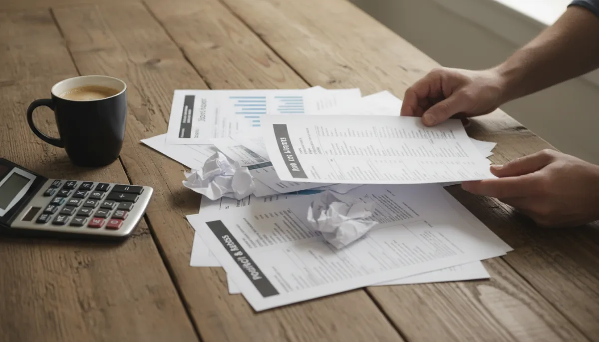 Contractor reviewing job cost reports and P&L on a wooden table