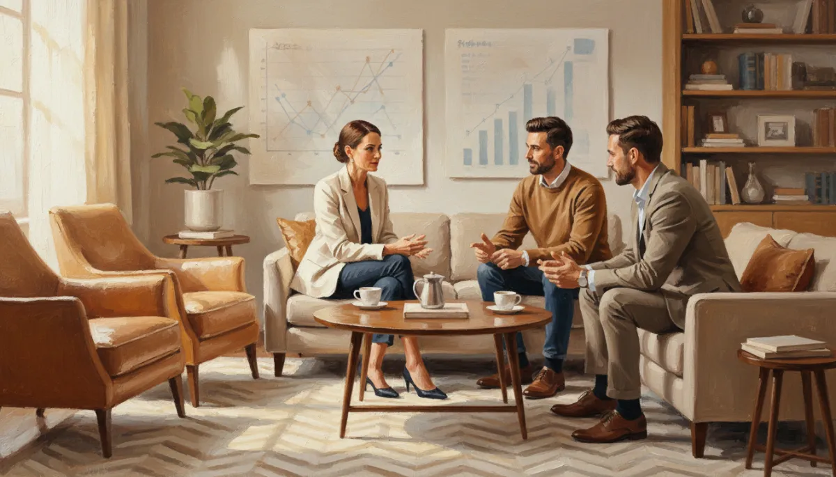 Canvas oil painting of a business owner meeting with financial partners in a cozy office