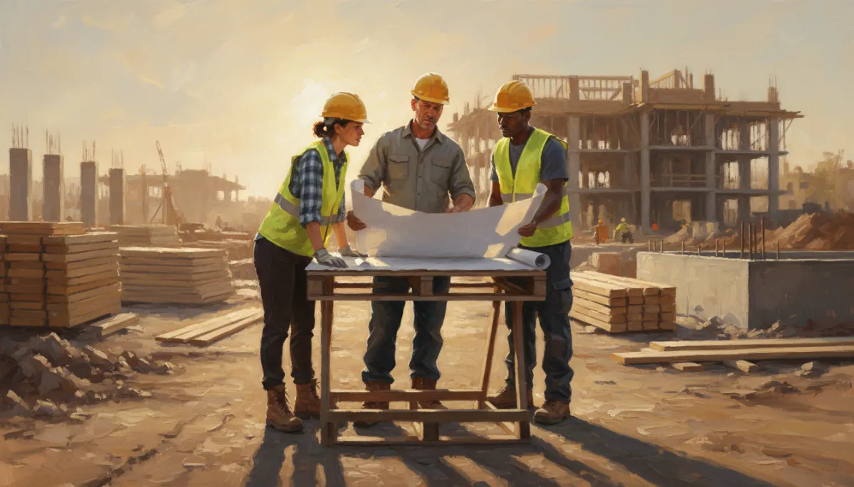 Canvas oil painting of a contractor and crew reviewing plans on a jobsite