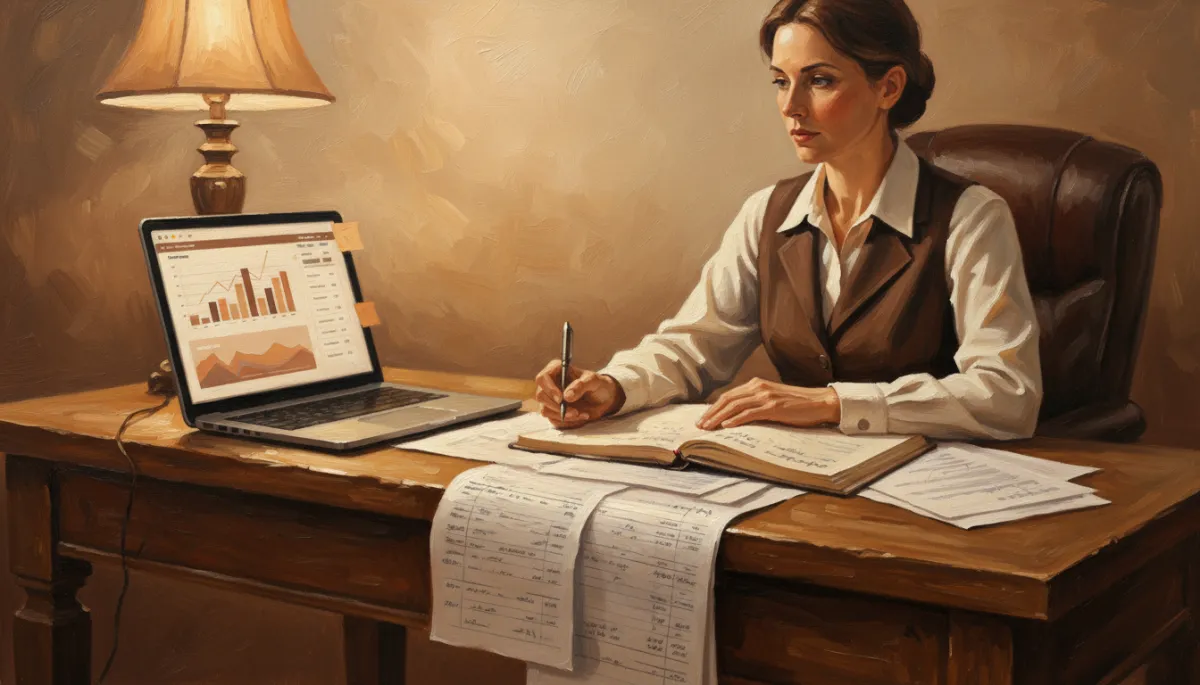 Canvas oil painting of a bookkeeper reviewing reports beside an AI dashboard in warm tones
