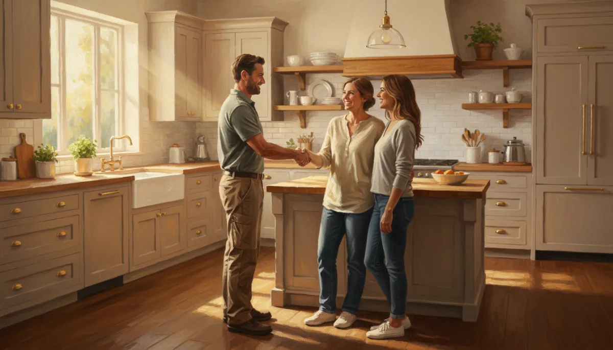 Canvas oil painting of contractor shaking hands with homeowners in a finished kitchen