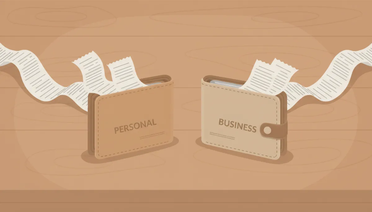 Illustrated separation of personal and business finances with labeled wallets