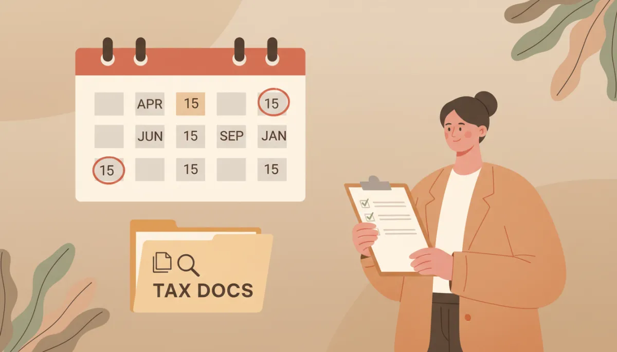 Illustrated calendar with tax dates and organized tax documents