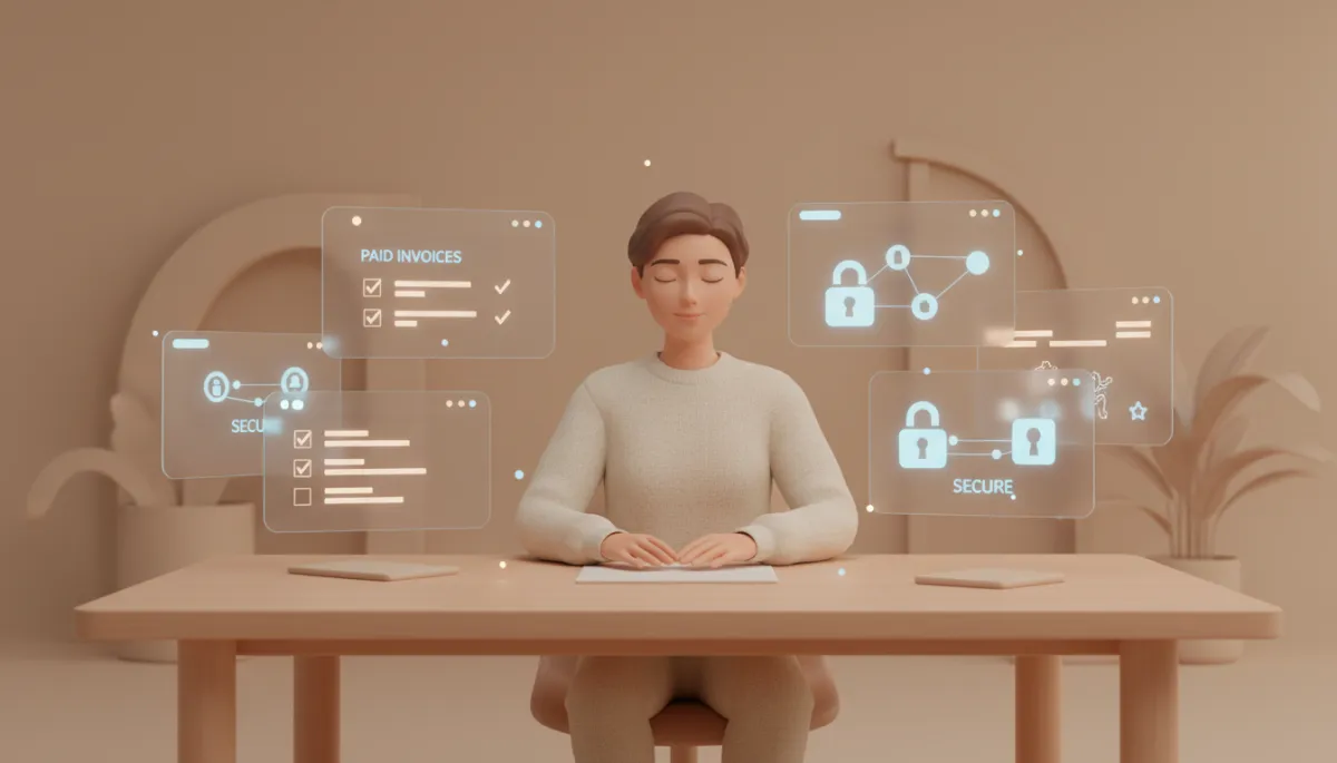 3D render digital art of a relaxed freelancer with secure payment dashboards