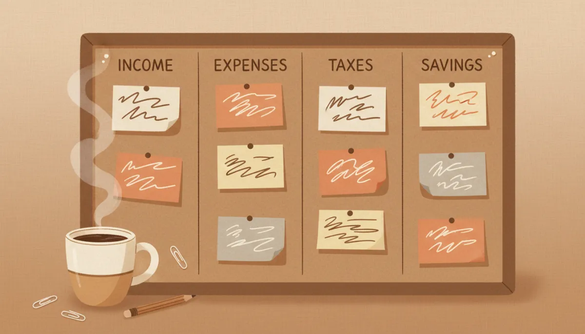 Illustrated budgeting board with income, expenses, taxes, and savings columns