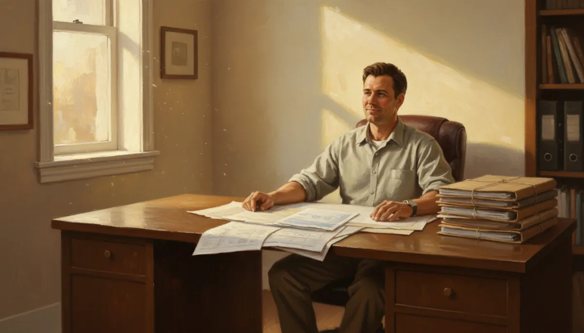 canvas oil painting of a calm contractor in a small office with warm neutral walls, reviewing organized job costing reports and neatly stacked project folders, soft evening light coming through the window, sense of relief and control in the contractor's posture