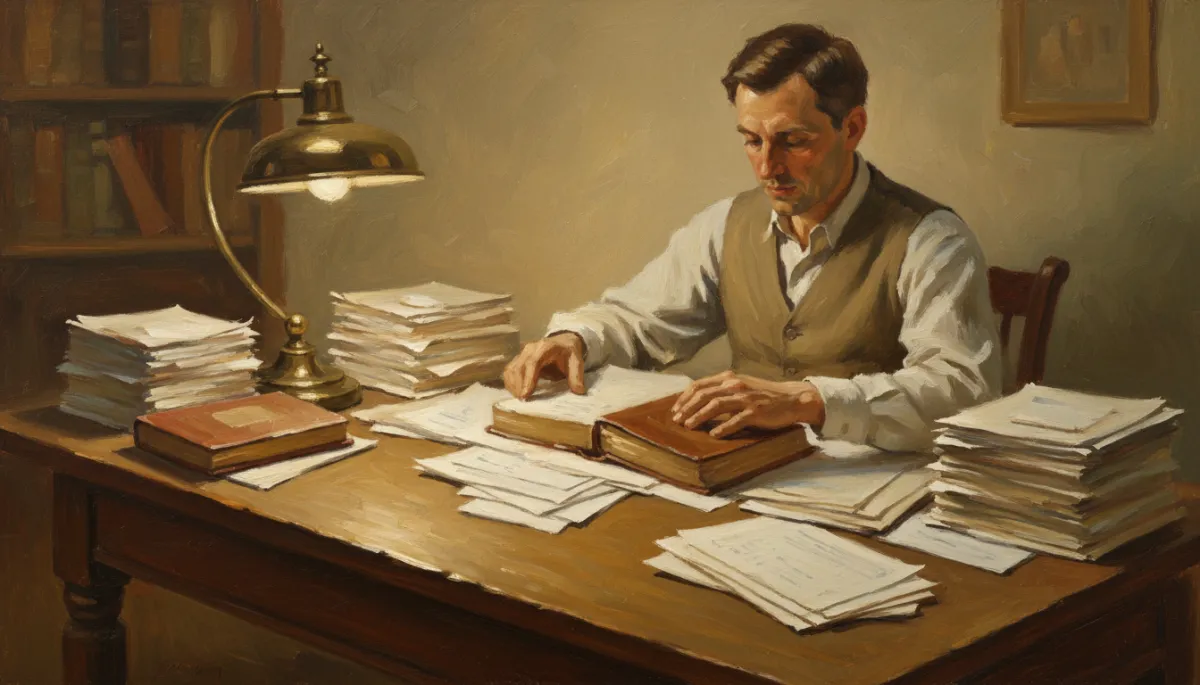 Canvas oil painting of a bookkeeper organizing financial records in warm neutral tones