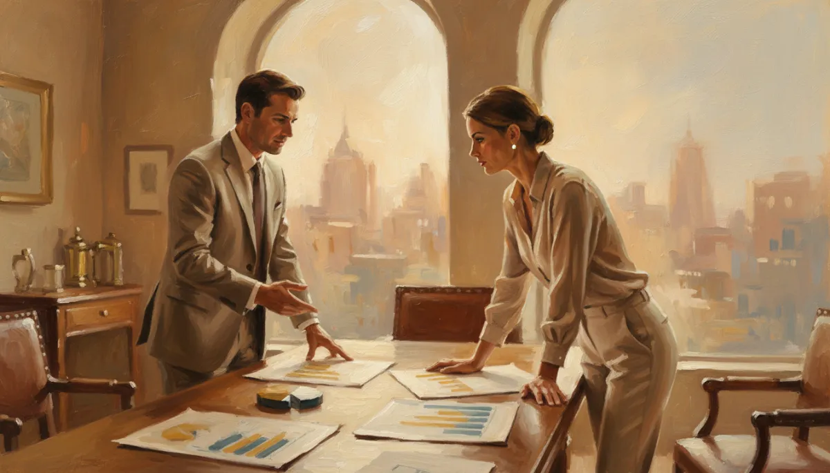Canvas oil painting of a financial advisor planning strategy with a business owner