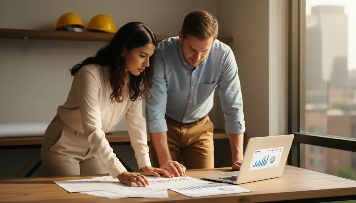 photorealistic warm neutral tones, Hispanic and Caucasian construction business owner couple in a small Houston office, reviewing cash flow spreadsheets and invoices spread across a wooden desk, laptop open with financial dashboard, hard hats on a shelf in the background, late afternoon light through window