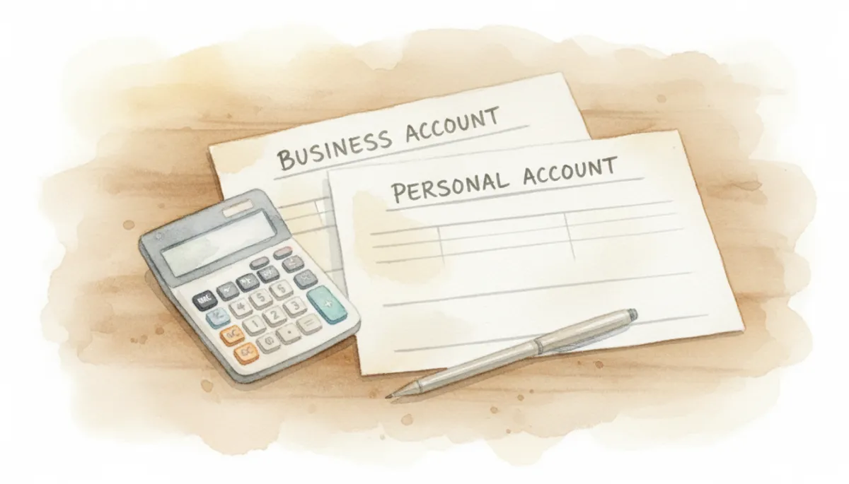 Separated personal and business bank statements on a professional office desk