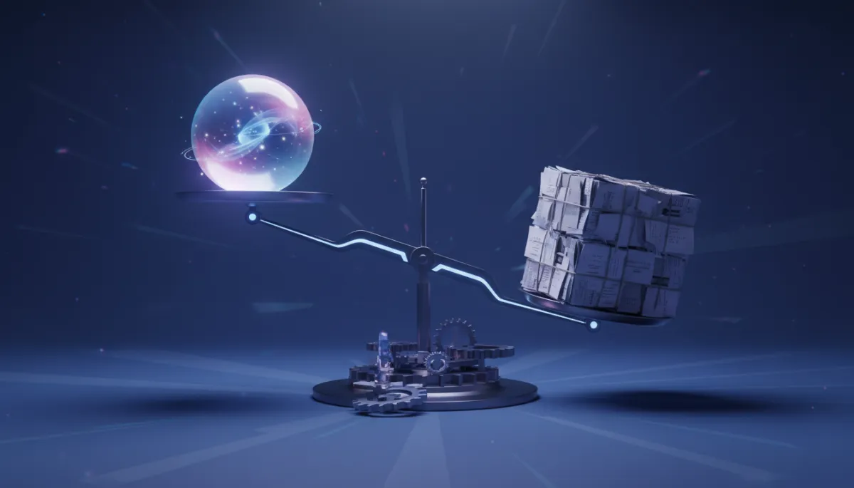 3D render digital art of optimism versus reality balanced on a scale in cool shadow colors