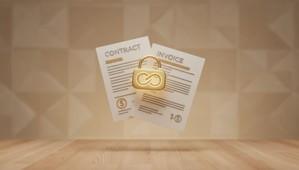 3D render digital art of secure contract and invoice with a lock